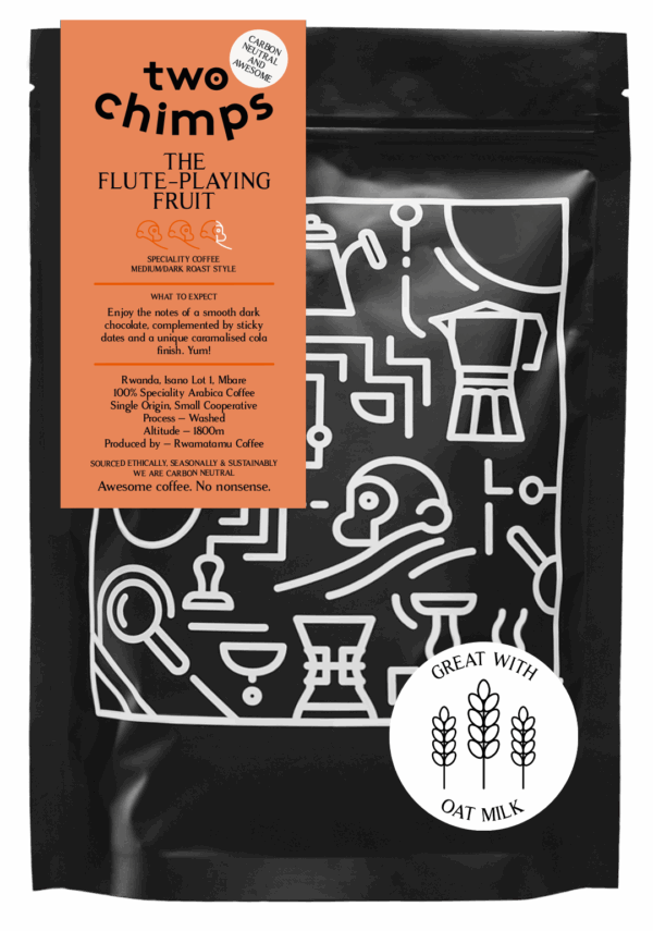 A Bag of orange label coffee from Two Chimps called The Flute-Playing Fruit