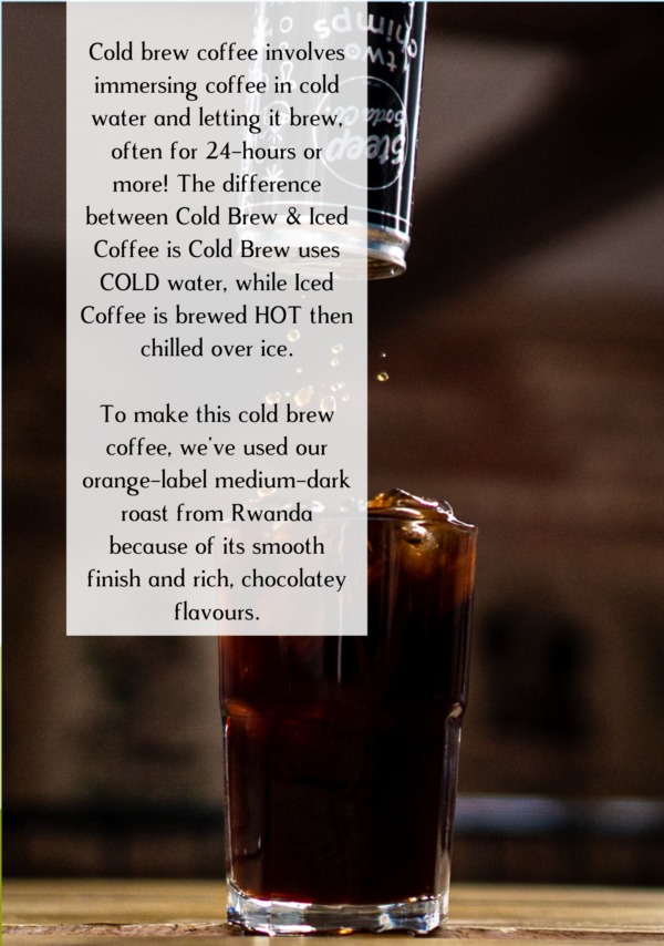 Drops falling out of a can of Two Chimps Cold Brew coffee into a full glass of coffee and ice. The image has information about cold brew coffee including how it's processed
