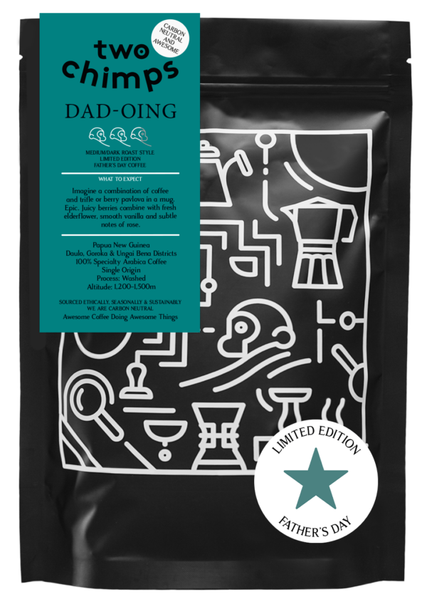 A retail bag of limited-edition Father's Day coffee from Two Chimps Coffee. The bag shows a limited edition sticker and branded label complete with information about the coffee such as roast style and origin