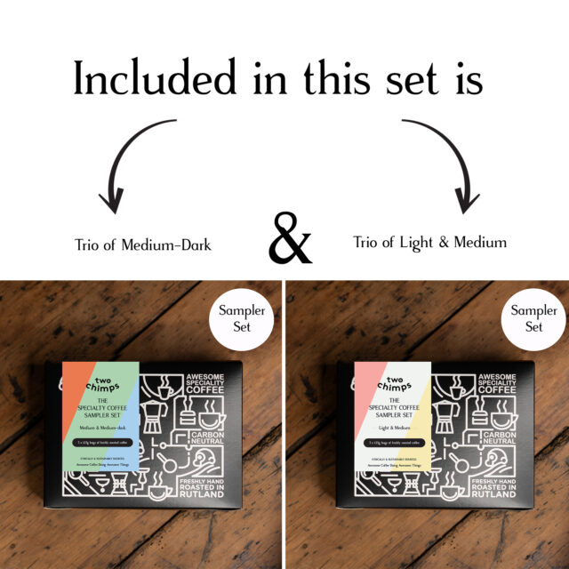 image explaining the two trio of coffees you receive in a two chimps sampler set